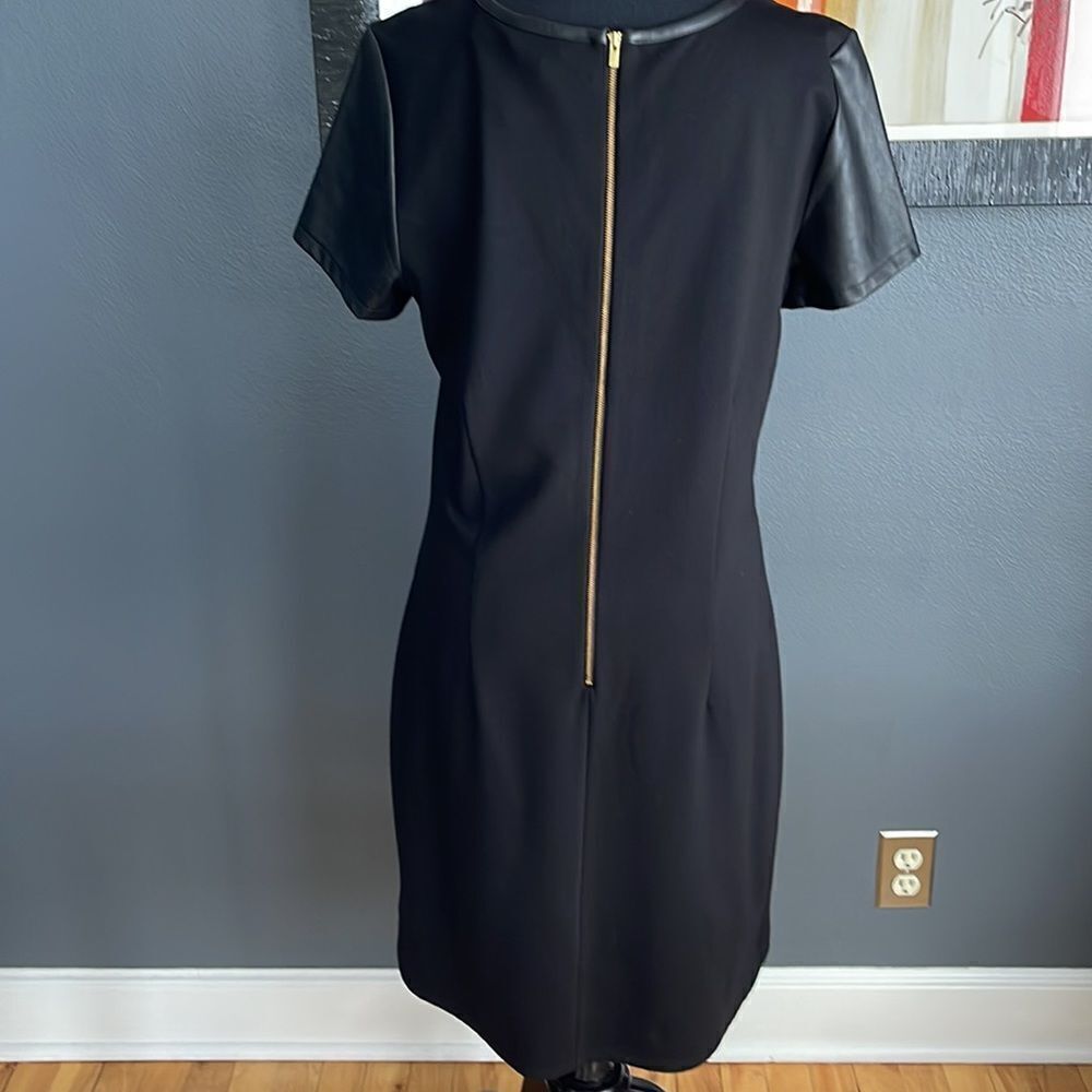 Banana Republic black faux leather V neckline, sleeves, & welted pockets midi. - Picture 5 of 7